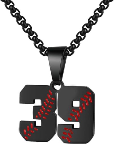 HIJONES Herren Damen Edelstahl Athleten Baseball Softball Zahl 00-99 Halskette Sport Team Anhänger Kette Geschenk Schwarz 39