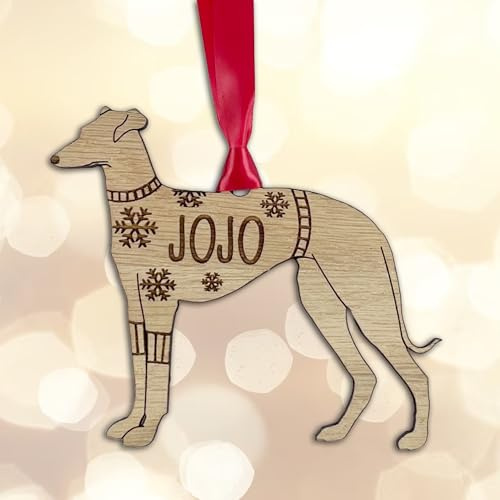 Personalised Greyhound Dog Christmas Tree Bauble Decoration, Wearing a Dog Jumper Design with Snowflakes, Customised Puppy Hanging Ornament, Oak Veneer Wood with Red Ribbon