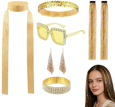ChunDA 7 Stück 70er 80er Jahre Disco Zubehör Accessoires, 70er Jahre Outfit Damen Glitzer, Disco Outfit Damen mit Pailletten Schal Ohrringe Sonnenbrille Haarband Armband Haarverlängerung (golden)