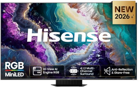 Hisense Smart TV RGB MiniLED 180Hz 75 4K 75UR9S | Schermo Anti-Riflesso, Dolby Atmos 4.1.2 By Devialet, Dolby Vision IQ, IMAX, VIDAA OS, USB-C,Wifi 6, BT, Airplay2, 2026 Model