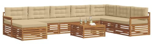 vidaXL Sofagarnituren 9 pcs Natur und Beige Massivholz Akazie, Akazienholz Outdoor-Sofa-Set, modernes Gartenmöbel, Bequeme Liege, modulare Design, Poolbereich geeignet