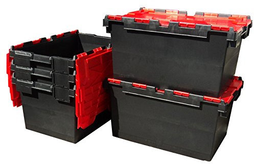 Plastor 5 x Large Plastic 80 Litre Heavy Duty Storage Boxes (71 x 46 x 36.8cm) Black and Red LC3 Crates with Attached Hinged Lids