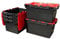 Plastor 5 x Large Plastic 80 Litre Heavy Duty Storage Boxes (71 x 46 x 36.8cm) Black and Red LC3 Crates with Attached Hinged Lids