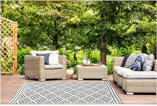 Jet-Line® | Outdoor Teppich | Austin | grau | Maße: 90 x 150 cm | Gartenteppich | Witterungsbeständig | geometrisches Design | Terrasse und Balkon
