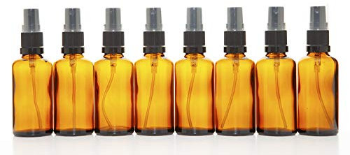 Aura 50ml AMBER Glass Bottles with Black ATOMISER Sprays - PACK of 8