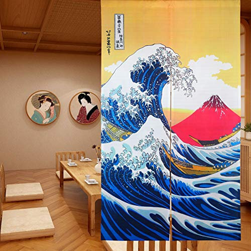 LIGICKY Rideau de Porte Japonais Noren Ukiyoe Hokusai la Grande Vague au Large de Kanagawa Mount Fuji Porte Tapisserie Suspendue pour la décoration de la Maison 33,5 x 59 Pouces