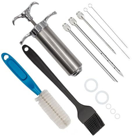 INTIRILIFE Marinierspritze aus Edelstahl Silber - 30 ml Füllmenge - BBQ Bratenspritze mit 3 Nadeln - 3 Spritzen Bürste, Pinsel für Grill Gewürze Marinaden Braten - Fleischspritze für Rind Huhn Gebäck