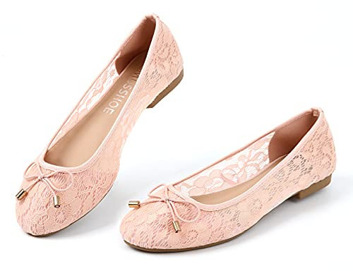 MUSSHOE Ballerinas für Damen, Blumenmuster, atmungsaktiv, Häkelspitze, Ballettschuhe, bequeme Slip-On-Damen-Flats, Beige (nude), 40.5 EU