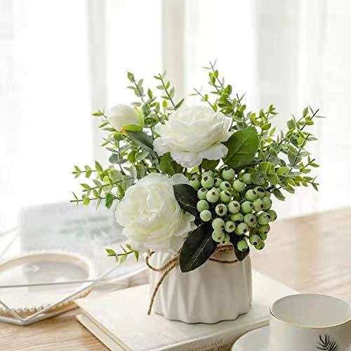 Deruxan Künstliche Blumen im Topf, Kunstblumen Künstliche Rosen Seidenblumen Blumenstrauß Kunstpflanze Deko Blumen Fake Blumen Size 20 * 10 * 10cm (Weiß)
