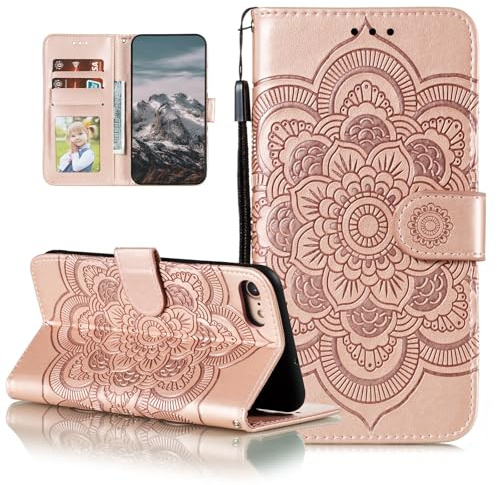 EYZUTAK Case for iPhone SE(5G) 2022 iPhone 7 iPhone 8 iPhone SE 2020, Premium Flip Wallet Shockproof Case PU Leather Mandala Embossed Design with Kickstand Card Holder Protective Cover - Rose Gold
