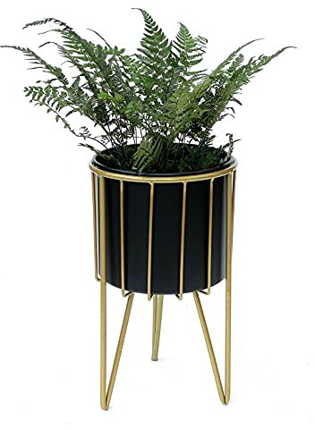 DanDiBo Blumenhocker mit Topf Metall Gold Schwarz Rund M 40 cm Blumenständer 96039 Blumensäule Modern Pflanzenständer Pflanzenhocker