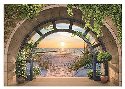 WallArena - Vlies Fototapete Strand Meer Fenster mit Aussicht Natur Nordsee 350x250 cm - Fototapeten - Tapeten - für Wohnzimmer Schlafzimmer - Vliestapete Wandtapete Tapete 3D Effekt- inkl. Kleister