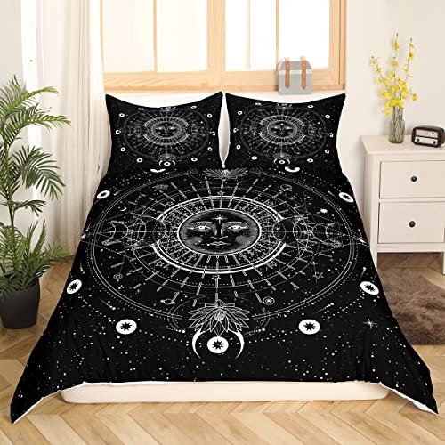 Loussiesd Böhmen Sonne und Mond drucken Bettwäsche Set Weiß Schwarz Böhmische Exotik Stil Bettbezug Set Frauen Männer Dekorative Boho Sterne Mond Sonne Bettwäsche 155x220 cm mit 1 Kissenbezug