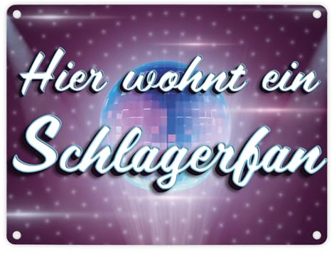 Hier wohnt ein Schlagerfan Metallschild in 15x20 cm mit Discokugel witziges Blechschild als Geschenk für Schlagerfans oder als Deko für deine Wohnung wenn du deutschen Schlager