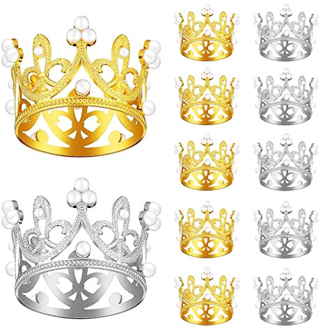 MYCreator Crown Cake Topper, 12 PCS Gold Silver Mini Birthday Cake Topper With Pearl Decor, Small Princess Headpiece Tiara for Birthday, Baby Shower, Wedding, Party