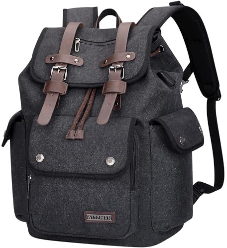 WITZMAN Canvas Backpack for Men Vintage Rucksack Fit 15.6 inch Laptop High Capacity Travel Backpack Casual Daypack (A8004 Black)