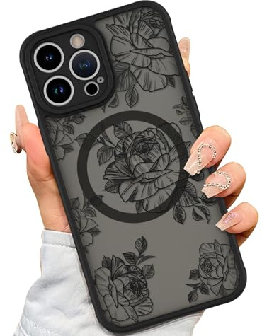 AIGOMARA Case for iPhone 12 Pro Max [Compatible with MagSafe] Black Flower