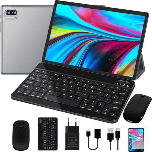 JUSYEA Tablet 10 pollici Android 11 Tablet PC | WiFi 5G + CPU 2.0 Ghz | 4GB RAM 64GB ROM 1TB Espandibile | WiFi 5 | BT5.0 + Batteria 8000mAh | 5MP + 8MP | Cover, Tastiera, Mouse - Grey