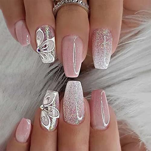 TMUT 24pcs Short Coffin False Nails Glitter Pink Stick on Nails Press on Nails with Flower Design Removable Glue-on Nails Acrylic Full Cover Nails Women Girls Nail Art Accessories