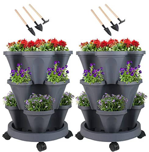 GameXcel Fioriere verticali impilabili da giardino a 3 ripiani per fragole, erbe, fiori e ortaggi, per interni ed esterni, vasi da giardinaggio con ruote rimovibili e attrezzi