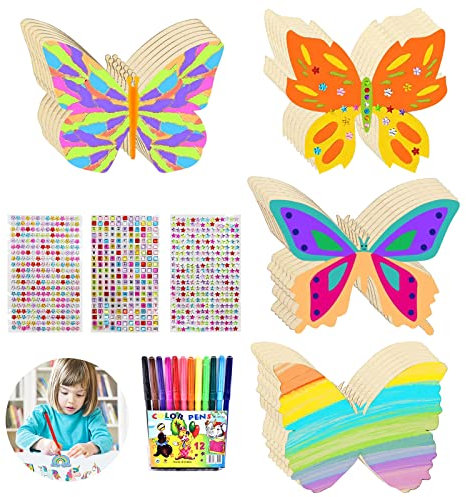 Schmetterling Holz Bastelset, 55 Stück Holz Basteln Kindergeburtstag Basteln mit Aquarellstiften/Diamanten Aufkleber, Bastelset Kinder Kreatives Geschenk für Mädchen, für DIY Kindermalerei (C)