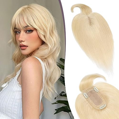 TESS Hair Topper Echthaar Blond, 7x13cm Basis Toupet Damen #613 Lichtblond mit Pony Haartopper Echthaar 53g 45 cm Haar Topper Clip in Haarteil Extensions