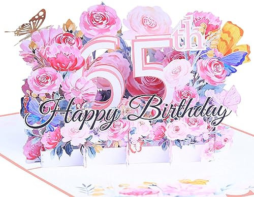 Geburtstagskarte zum 65. 3d blume pop up geburtstag karte Grußkarten Geschenk-Karte mit Umschlag Happy Birthday Greeting Card für fünfundsechzig 65 jahre frau, Mütter, Freunden, Familie women (Rosa)