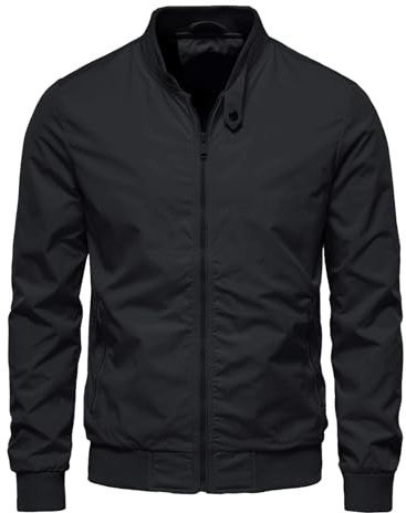HOTIAN Veste bomber légère coupe-vent pour homme avec col montant - Veste demi-saison - Veste de loisirs avec poches zippées, Noir , M