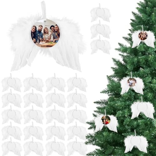 12pcs Christmas Angel Wings Decor, White Angel Wings for Crafts with 12pcs Sublimation Blanks Feather Hanging Ornament for Christmas Trees Crafts (Round)