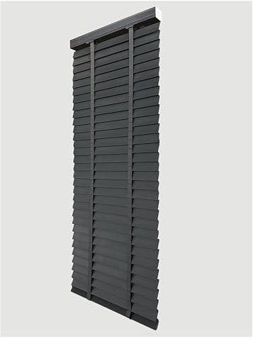 Faux wood wooden Grain PVC Window Venetian Blind/Blinds - Easy Fit Child Safe Trimmable Shutters, 50MM Slats Matching Facia (Dark Grey, Width: 75cm / Length 150cm)