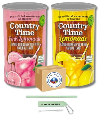 GLOBAL BASICS Variété Country Time Lemonade Mix | Saveurs de limonade classique et de limonade rose incluses | Lot de deux pots de 82,5 oz - 165 oz au total | Comprend un ensemble de pailles Reuti
