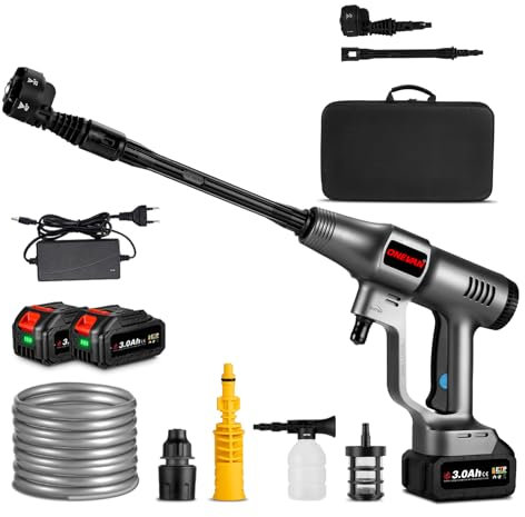 ONEVAN Idropulitrice a Batteria 21V, Pistola Portatile 80bar 6-in-1 Alta Pressione Senza Fili Con 6Ah Batteria e Caricabatterie, per Auto