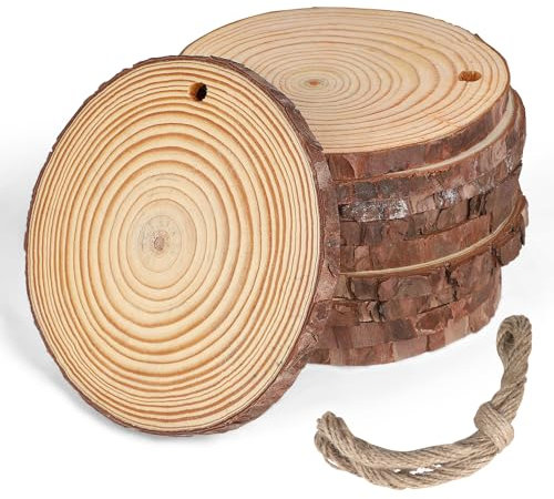 MIGUBIGU 10Pcs Rondin de Bois, Disques de Bois Brut Naturel avec 5 mètres de corde de jute, Rondin de Bois Deco, Diamètre 13-14cm, pour DIY, les Bricolages, les Décorations de Mariage, les Sous-verres