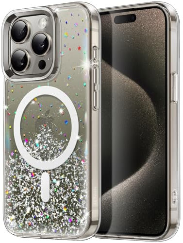 JETech Glitter Case for iPhone 15 Pro Max 6.7-Inch Compatible with MagSafe, Clear Cute Bling Sparkle for Women and Girls, Shiny Shockproof Magnetic Sparkly Phone Cover (Natural Titanium)