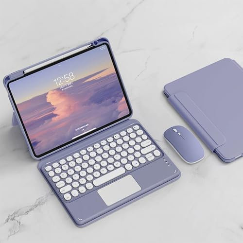 Étui Clavier pour iPad 6ème/5ème génération, iPad Air 2/1, iPad Pro 9.7 avec Porte-crayon, Mode Horizontal/Vertical, Touches Rondes et Colorées, Clavier Trackpad avec Souris Rechargeable, Violet Foncé