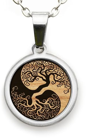 treeforce Edelstahl Halskette in Gold und Silber mit Holzemblem in schwarzem Geschenksetui, unisex (Yin Yang Baum, Silber)