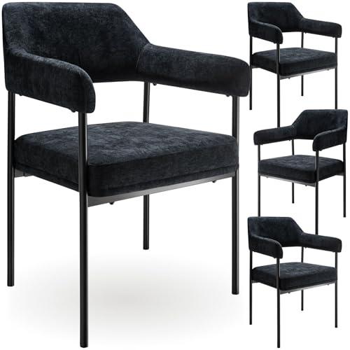 tectake® Silla de Comedor Acolchada, Tapizada en Tela, con Respaldo Continuo y Reposabrazos, Patas de Acero Estables, Silla para Cocina, Salón, Dormitorio - 4 sillas Tejido Negro/Negro