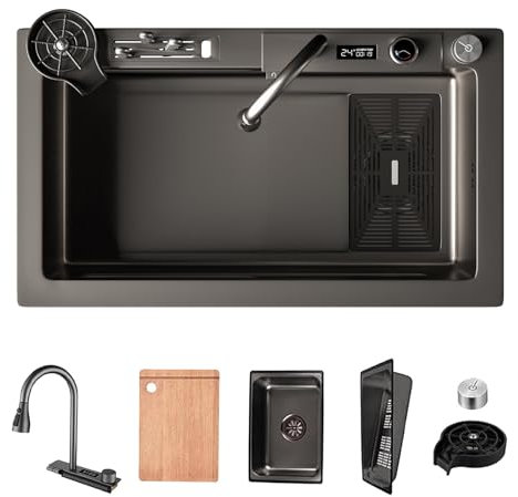 Fregadero Cocina 70x45cm con Soporte para Cuchillos, Fregadero de Acero Inoxidable 1 Seno, Fregadero Grande Sobre Encimera Multifuncional Cascada, Accesorios Incluidos, Diseño Moderno