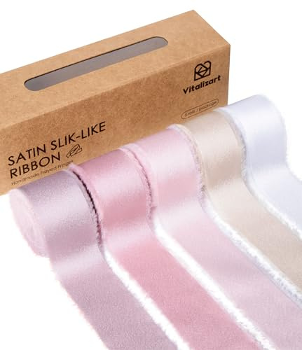Vitalizart Schleifenband Rosa & Weiß 2,5 cm x 22,9 m (5 Rollen*4,57 m), Handgefertigtes Luxus-Geschenkband für Geschenkverpackungen, Hochzeit Brautsträuße, Festival Dekoration | 5 Rollen x 4,57 m Luxus-Fransenband, handgefertigt, für Geschenkverpackungen, Babypartys, Brautsträuße, Party-Dekoration