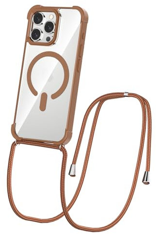 CAROKI Magnetic Crossbody Lanyard Case for iPhone 16 Pro Max,Ultra Clear Case Compatible with MagSafe Bumper with Strap Adjustable Neck Cord Cover for iPhone 16 Pro Max-Coffee