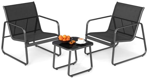 GOPLUS Salon de Jardin 2 Personnes,3Pcs Table Basse avec 2 Fauteuils Jardin,Salon de Bistrot avec Cadre Métallique, pour Jardin, Balcon, Piscine (Noir)