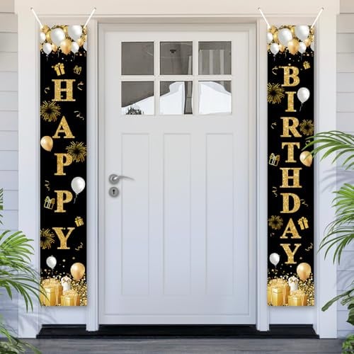 PartyYaa Happy Birthday Banner, Birthday Door Banner Decorations, Party Photo Booth Background Door Decor Sign Poster for Indoor Outdoor (Black Gold)