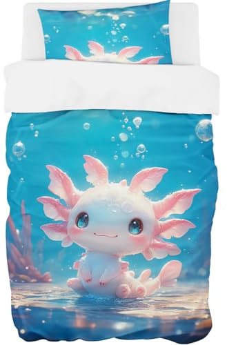 YISUMEI Niedlicher Axolotl Bettwäsche 2er Set, Enthalten 1 Mikrofaser Bettbezug 135x200 cm + 1 Kissenbezug 80x80 cm, mit Reißverschluss