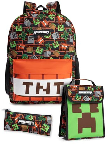 Minecraft Creeper & TNT Unisex Kids Multicoloured 3 Piece Backpack Set | Zipper & Hook Closure | Carry School Supplies | Back to School Essentials Merch