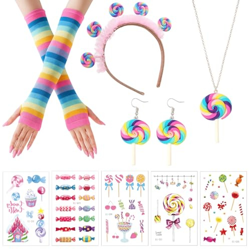 ZYLOUY Candy Kostüm Damen, Candygirl Accessories, Candy Girl Damen | Süßigkeiten Kostüm Handschuhen, Haarreif, Halskette, Ohrringen und 5 Sheets Tattoos für Fasching Karneval