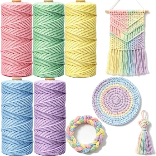 5 Stück Makramee Garn 3mmx50m, BetterJonny Baumwoll Bastelschnur Makramee Baumwollgarn 3mm Baumwollkordel Natur Bunte Baumwoll-Bastelschnur für Basteln Stricken Aufhängen DIY Handwerk-5 Farben(C)