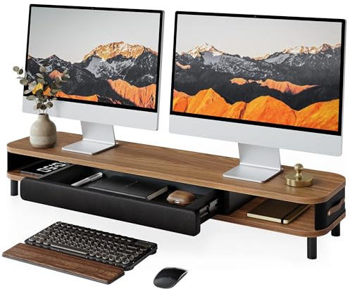 Fenge Dual Monitor Riser with Pull-out Drawer, Max Load 35kg,108cm,Brown | Monitor stand with with Leather Handle and Pen Holder,Ergonomic Desktop Organiser for Home Office,108×25×15.7cm,Max Load 35kg
