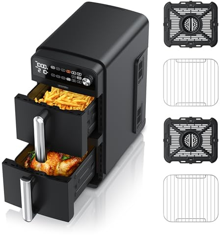 Arendo - Heißluftfritteuse XXL Dual Zone 2 Kammern – 11 Liter – 2400 W – 2 Zonen – 3in1 Airfryer Doppelkammer – 8 Sensortasten – PFAS BPA-frei - 2 Grillroste – 3D Umluftsystem - Doppelstöckig
