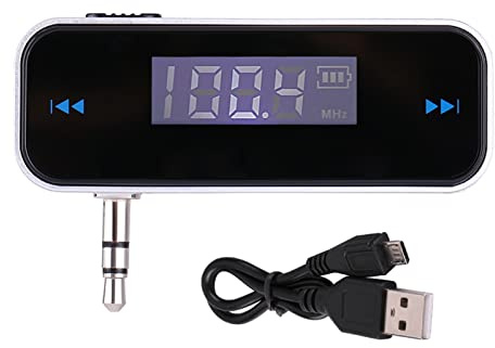Ouitble Universal In Car FM Transmitter for Smartphones Hands Calling with 3.5mm Audio Jack HiFi Stereo Sound LCD Display Rechargeable Battery for Safe Driving Black ABS 6cm