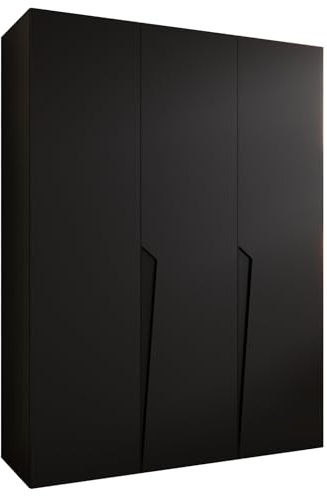 MEBLE KRYSPOL - Kleiderschrank - Garderobenschrank - 150 cm x 202 x 52 cm - Schrank mit Kleiderstange, 3 Türen - für Schlafzimmer, Flur - Piano, Schwarz, Griff Schwarz